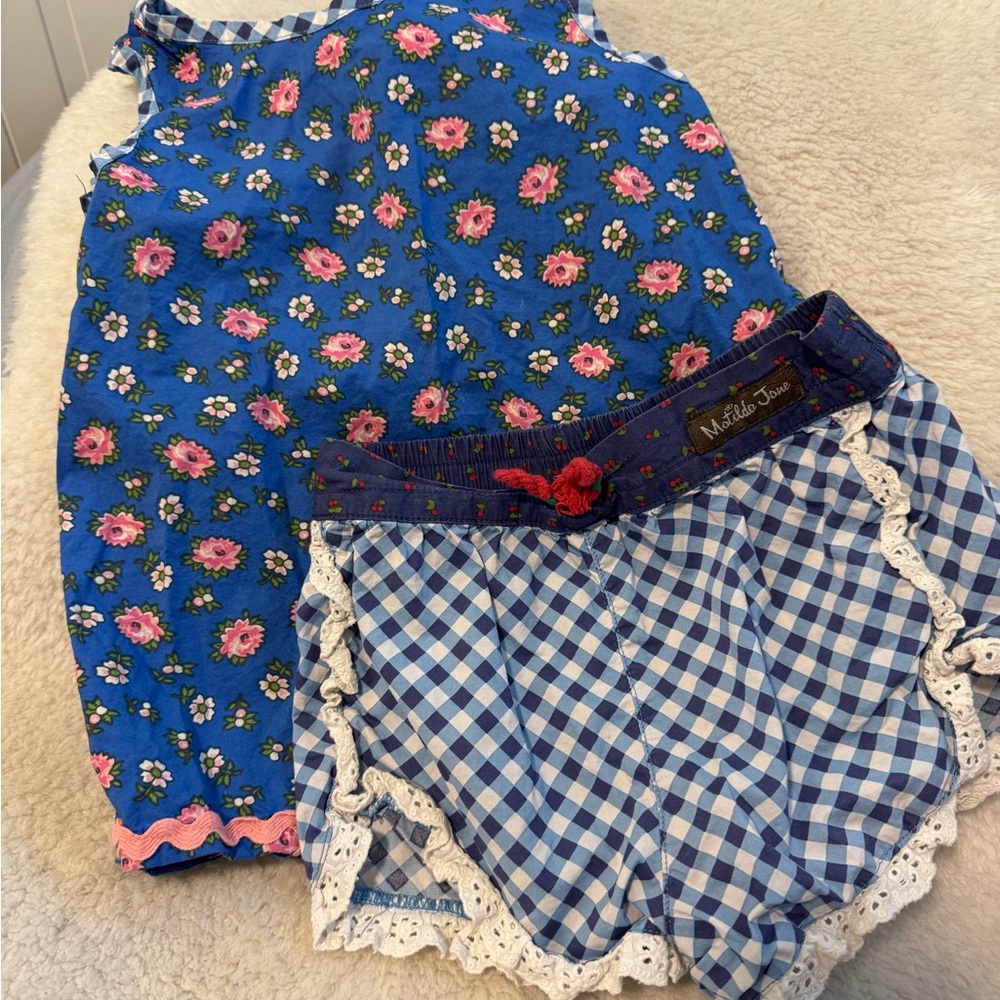 Matilda Jane Blue Floral Tank with Blue Gingham Lace-Trim Shorts